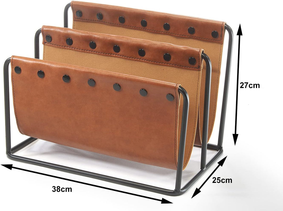 Kobolo Zeitungsständer aus Metall und Kunstleder braun mit Zwei Fächern 38x25x27cm