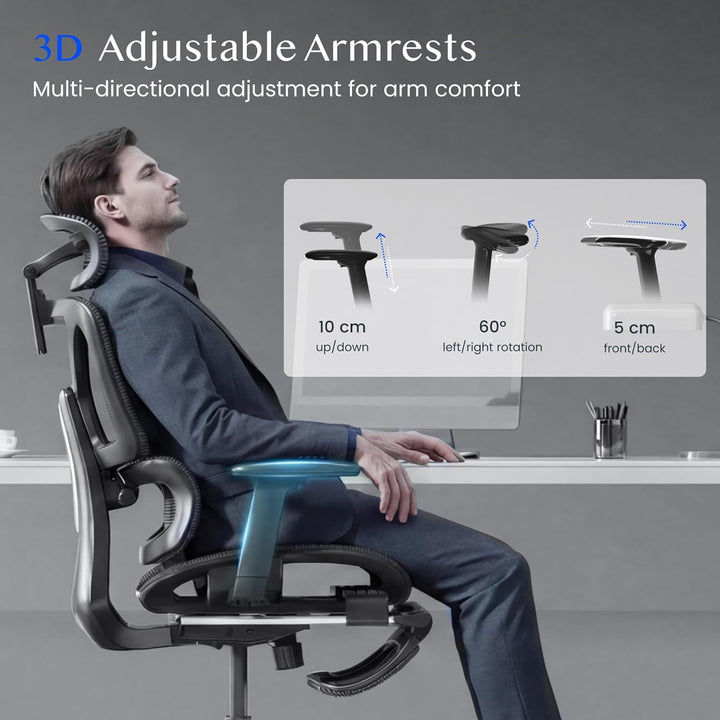 FLEXISPOT Ergonomischer Bürostuhl Schreibtischstuhl mit Fussstütze, 3D-Armlehnen, 3D-Kopfstütze, 5D-