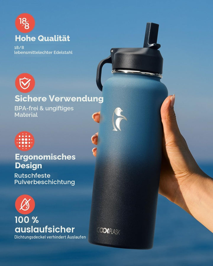 Coolflask 1180ml Isolierte Wasserflasche mit Strohhalm & 3 Deckeln, Metall-Wasserflasche für Sport o