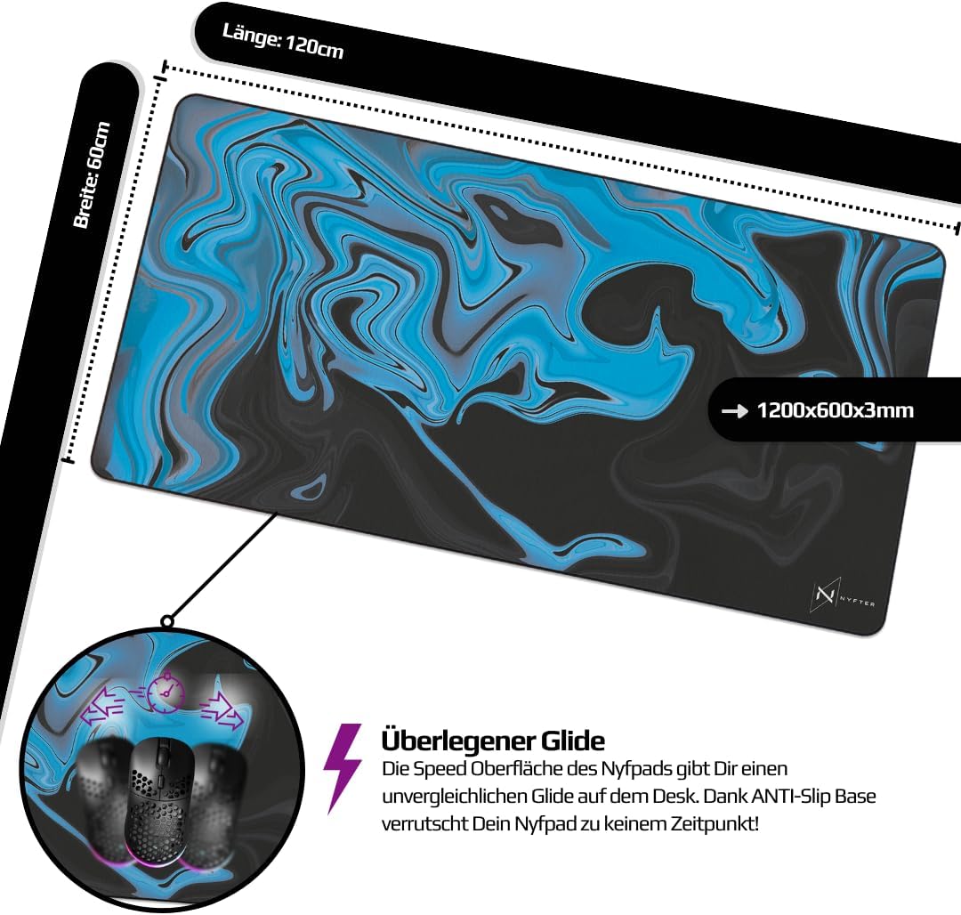 Nyfter - XXXL Liquid Gaming Mousepad 1200x600x3mm 3XL mauspad Gaming Premium Tischunterlage Large Si