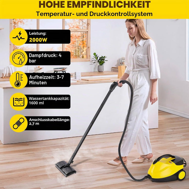 2000W Tragbarer Dampfreiniger Boden mit 1600-ml-Tank, Dampfdruck 4 bar, 16 Zubehörteile, Hochdruck D