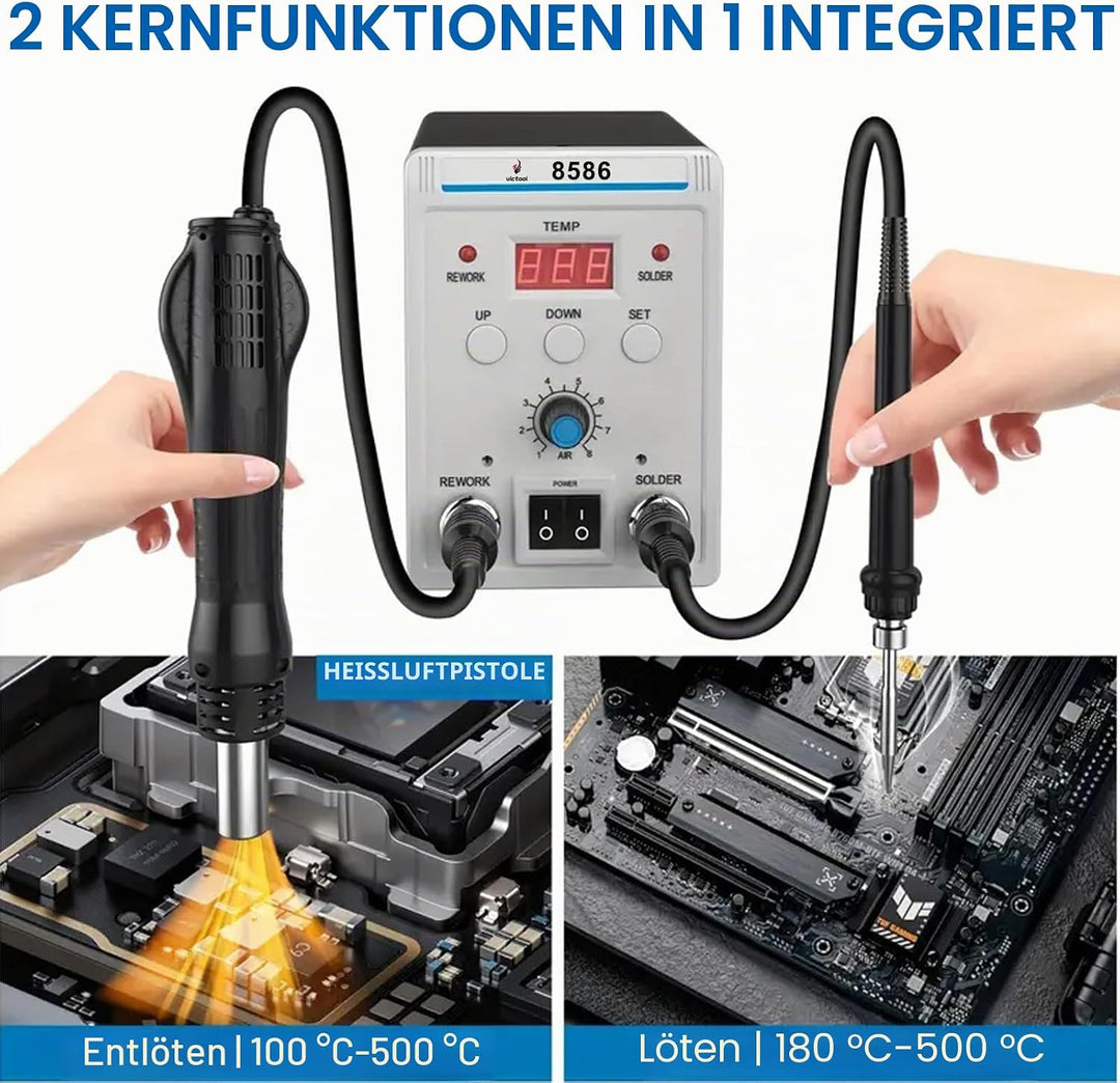 Victool Lötstation, 2 in 1 Heissluft Lötstation Lötkolben Set 8586 mit 3 Luftdüsen, Einstellbare Tem
