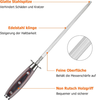 PAUDIN Wetzstahl 25 cm, Profi Messerschärfer Wetzstahl für Messer – aus gehärtetem Spezialstahl mit