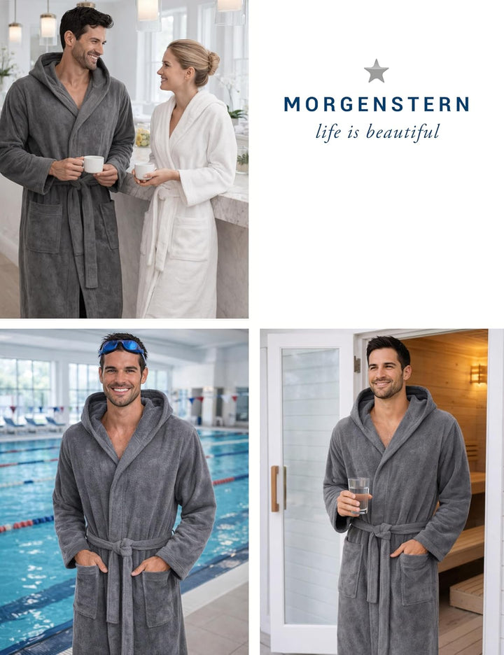 Morgenstern Bademantel Herren Kapuze Frottee 100% Baumwolle Lang Cadiz Salamanca XL Grau, XL Grau