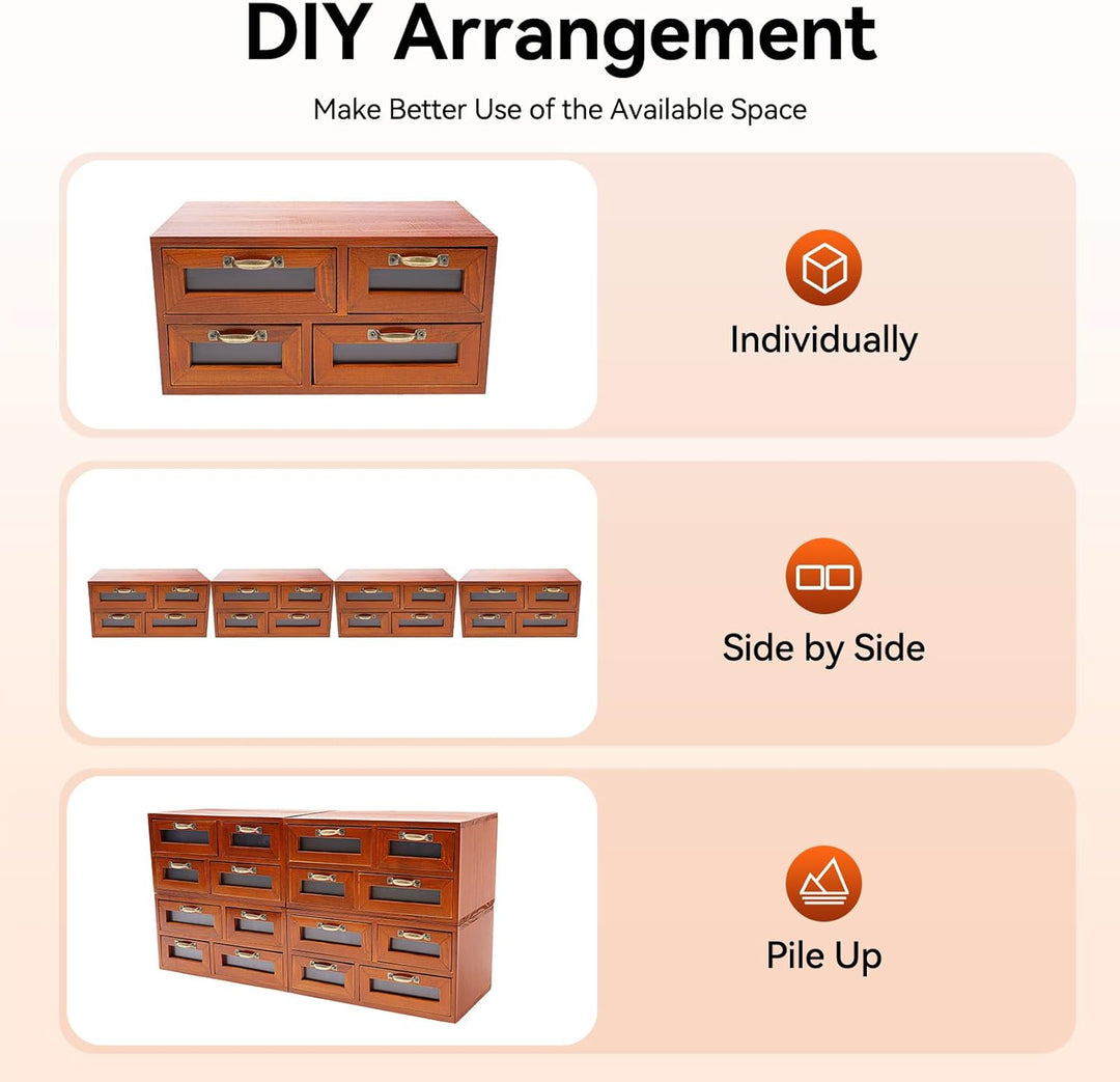 4 Stück Vintage Apothekerschrank Holz, 16 Schubladen mit Sichtfenster, Schreibtisch Organizer für Bü