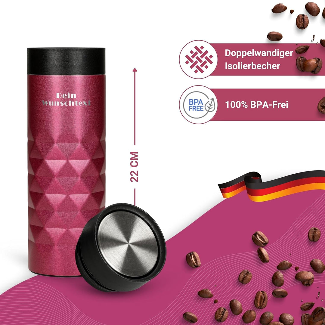 Edelstahl Thermobecher personalisiert – 100% auslaufsicherer & thermoisolierter Kaffeebecher – 450 m