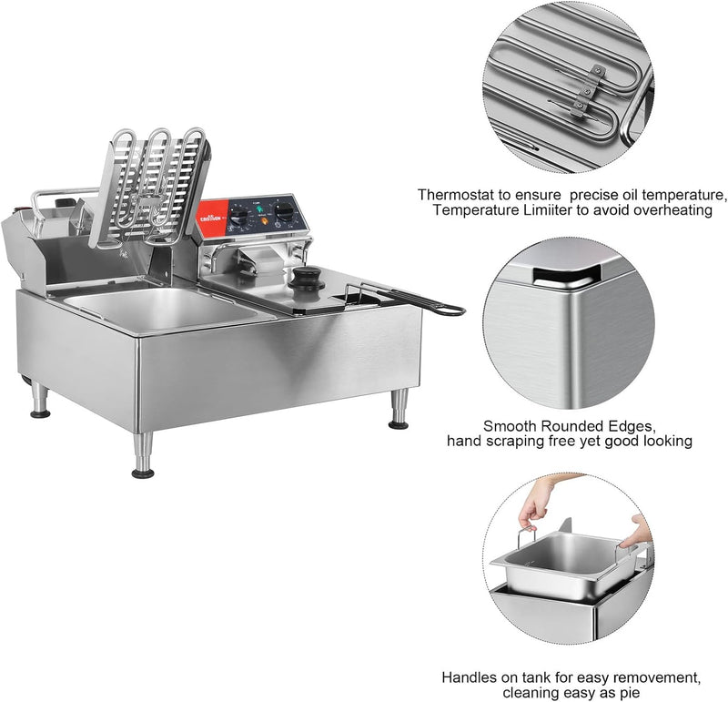 CROSSON 12L Elektrische Fritteuse mit doppeltem Tank und rotierendem Fritteusenkopf, 30-Minuten-Time