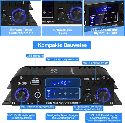 HiFi Verstärker S-288 600W Mini Bluetooth Stereo Audio Verstärker Receiver 12V/ 220V 4 Kanäle Digita