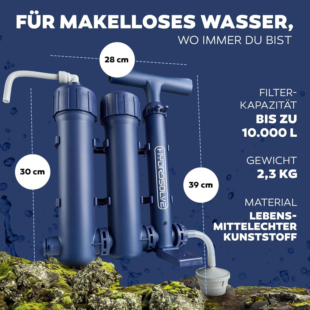 HYDROSOLVE Outdoor Tragbarer Wasserfilter Camping Notfall Wasseraufbereitungssystem mit Handpumpe Fi