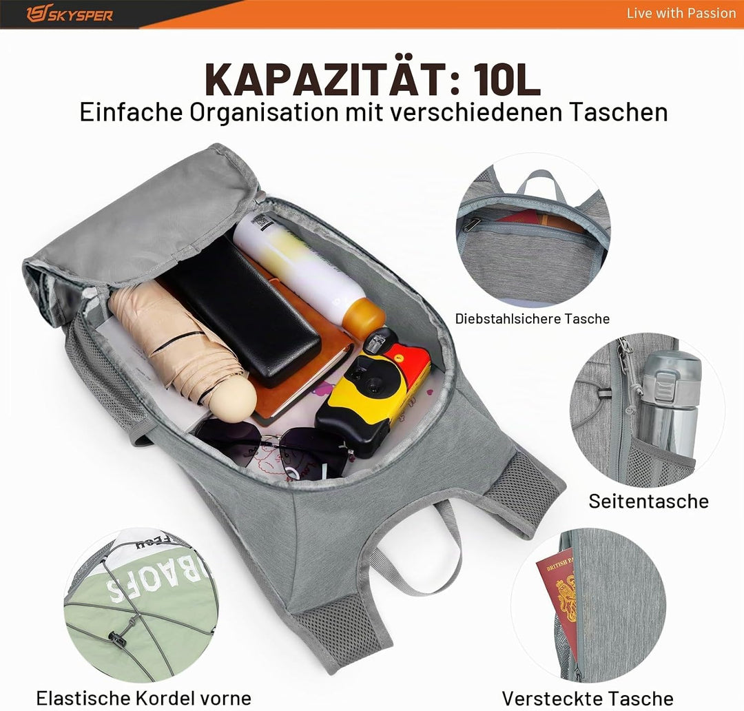 SKYSPER Faltbarer Kleiner Rucksack 10L, Kleiner Wanderrucksack Herren Damen | Ultraleicht Daypack fü