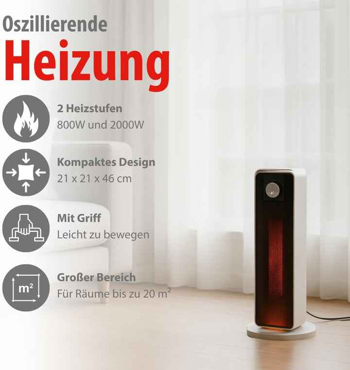 alpina Elektrischer Heizlüfter 2000W – Keramik Heizkörper mit Griff und Absturzsicherung – Oszillier
