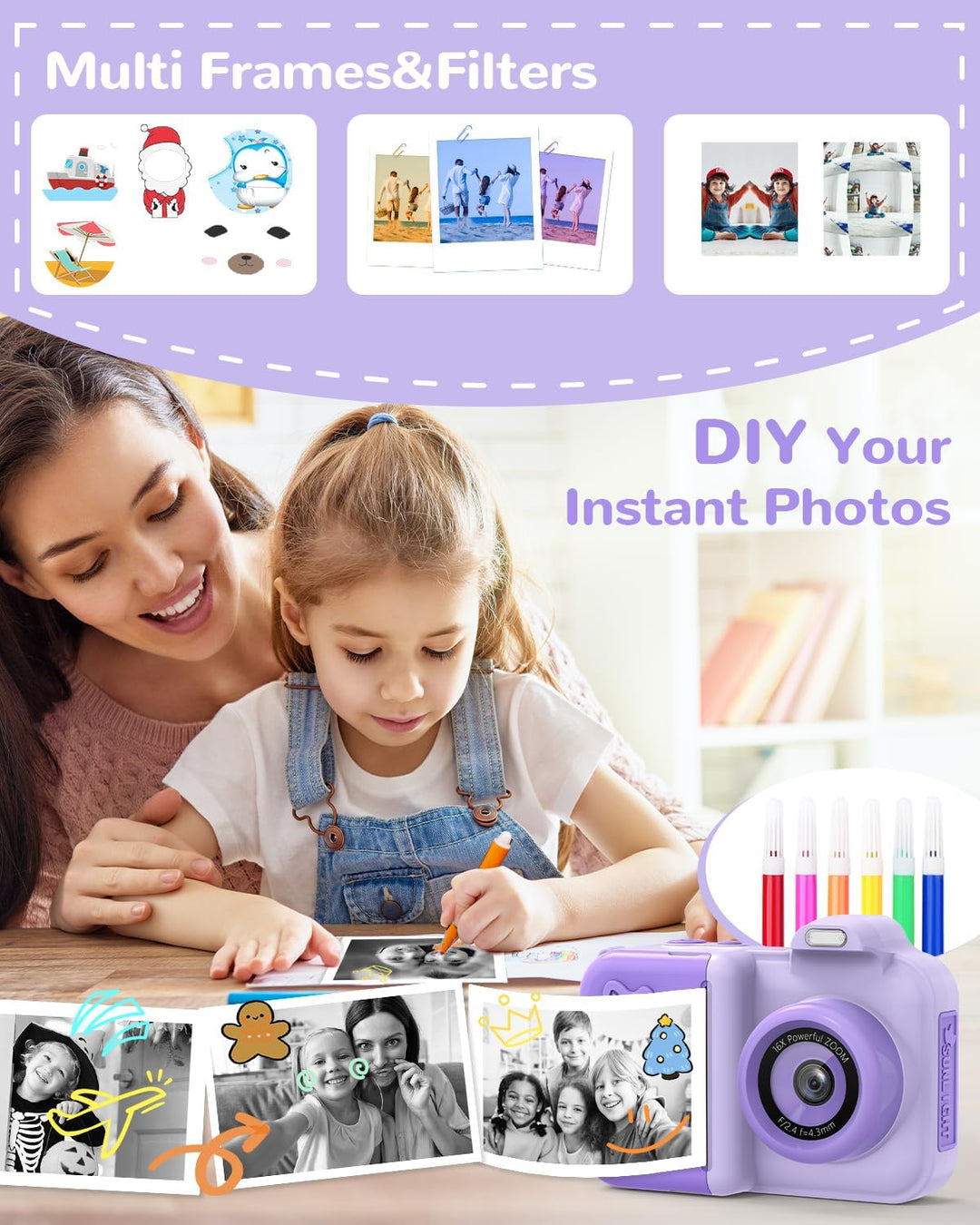 JoJoego Kinderkamera Sofortbildkamera, 2,4-Zoll 24MP Kinder Digitalkamera mit Selfie,1080P HD Dual-K