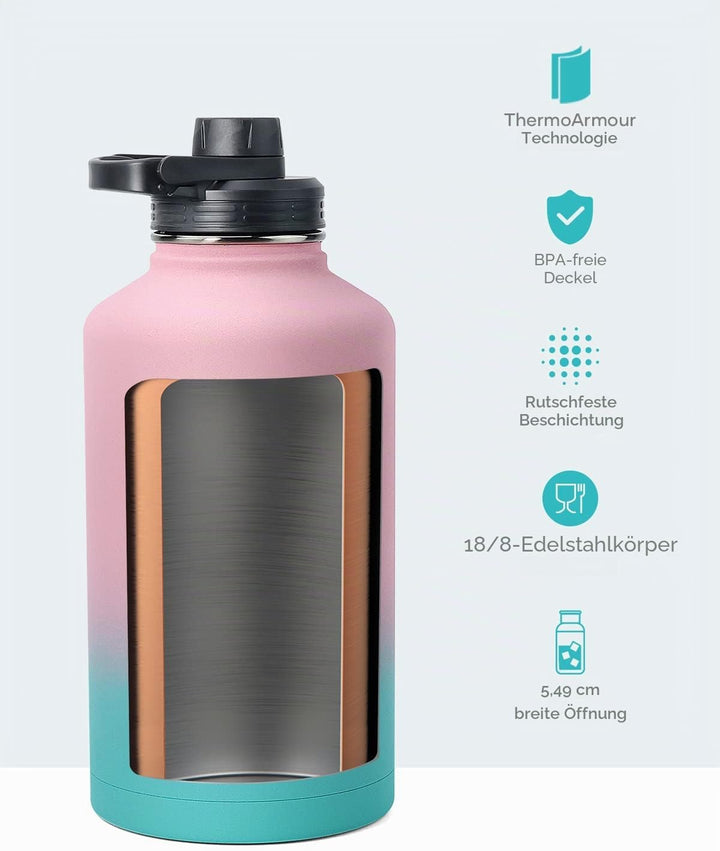 BUZIO 1,8 l Wasserflasche isoliert mit Strohhalm & 3 Deckel und Tragetasche, auslaufsichere Halblite