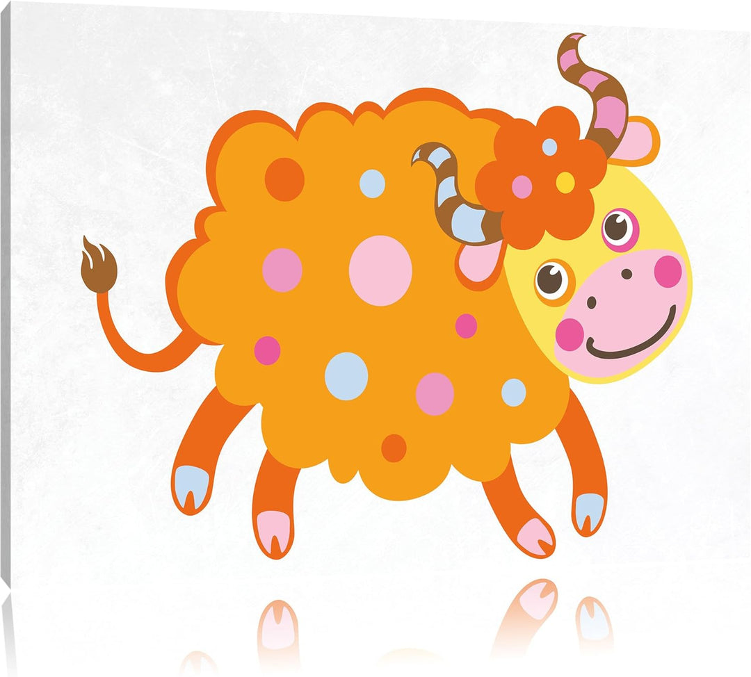 Pixxprint Niedliches Schaf mit Hörnern als Leinwandbild/Grösse: 100x70 cm/Wandbild/Kunstdruck/fertig