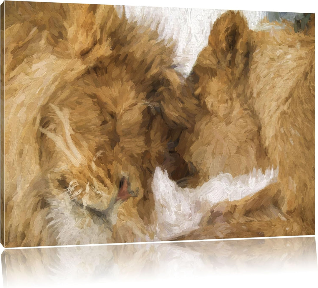 Pixxprint Kuschelnde Löwen als Leinwandbild/Grösse: 100x70 cm/Wandbild/Kunstdruck/fertig bespannt, 1