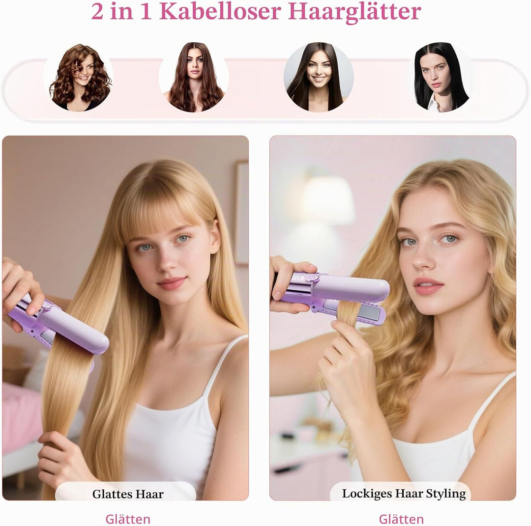 3-in-1 Kabelloser Glätteisen und Lockenstab, Mini-Glätteisen mit 5000-mAh-Akku für lange Laufzeit, m