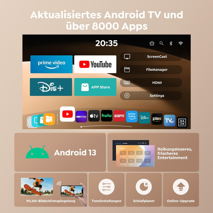 Mini Beamer 4K 1080P Unterstützt [Android 13 & 270° Drehbar] Smart Beamer Klein mit WiFi 6 Bluetooth