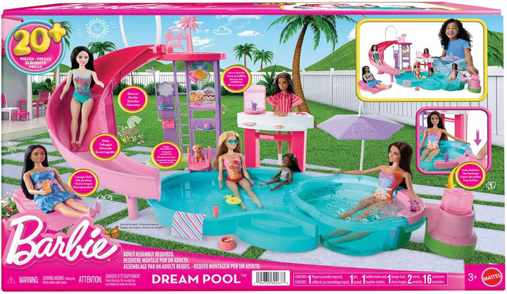Barbie Traumpool Spielset mit sechs Spielbereichen, einschliesslich Rutsche und schäumendem Whirlpoo