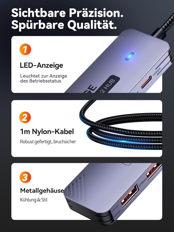 USB C 3.2 Hub 10Gbps, QUUGE 4-in-1 Adapter mit 2 USB-C 3.2 & 2 USB-A 3.2 Ports, Aluminium Multiport
