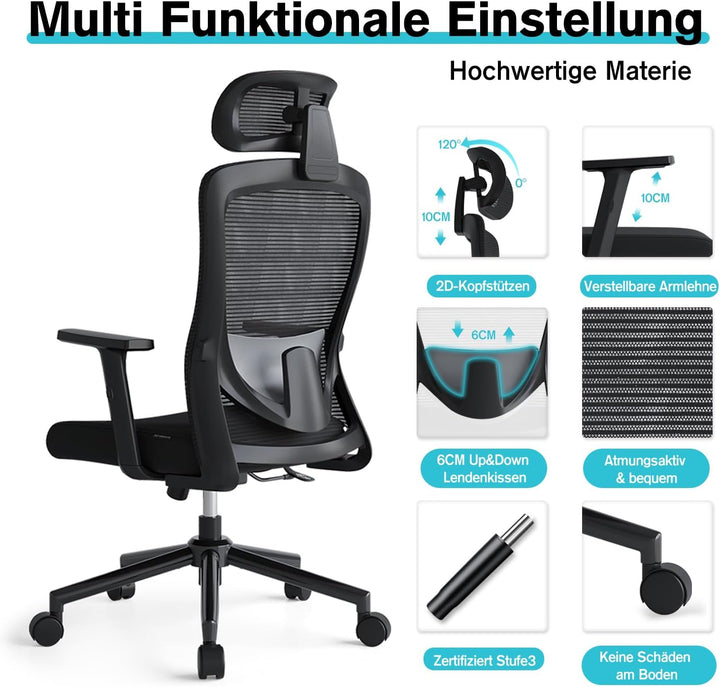 Bürostuhl mit 120° Wippfunktion, Schreibtischstuhl Ergonomischer Bürostuhl mit Verstellbarer Lendenw