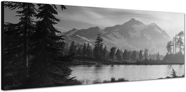 Paul Sinus Art Leinwandfoto als Panorama SCHWARZ/Weiss 120x40cm Berge Schnee Waldsee Bäume Natur