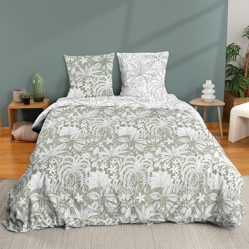 CÔTE DECO Bettwäsche, 220 x 240 cm, geometrisch und Blumen grün – 3-teilig | 1 Bettbezug für Erwachs