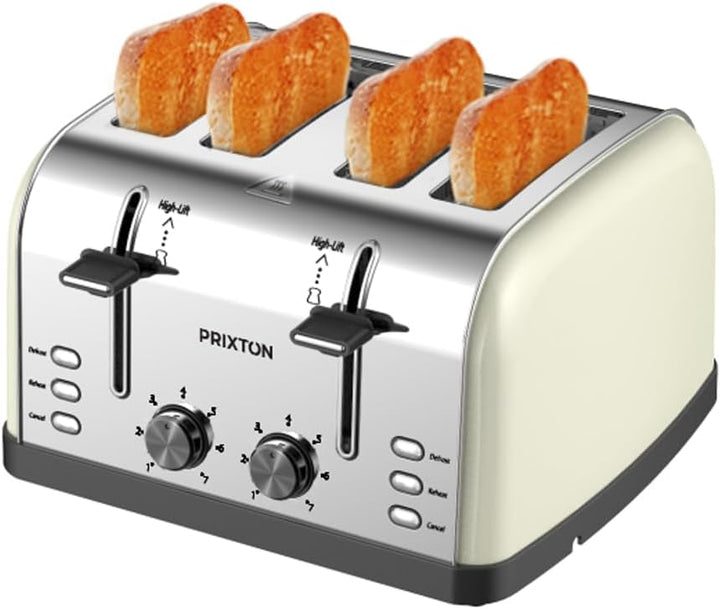 PRIXTON 4 Slice Toaster 1900W mit 4 extra breiten Schlitzen, Edelstahl, 7 Bräunungsstufen, Auftau- u