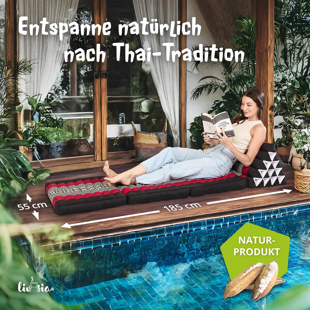 livasia Thaikissen 3 Auflagen extrahoch - 185x55x8cm - Dreieckskissen mit Klappmatratze, Kapok, Jumb