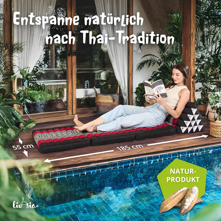 livasia Thaikissen 3 Auflagen extrahoch - 185x55x8cm - Dreieckskissen mit Klappmatratze, Kapok, Jumb