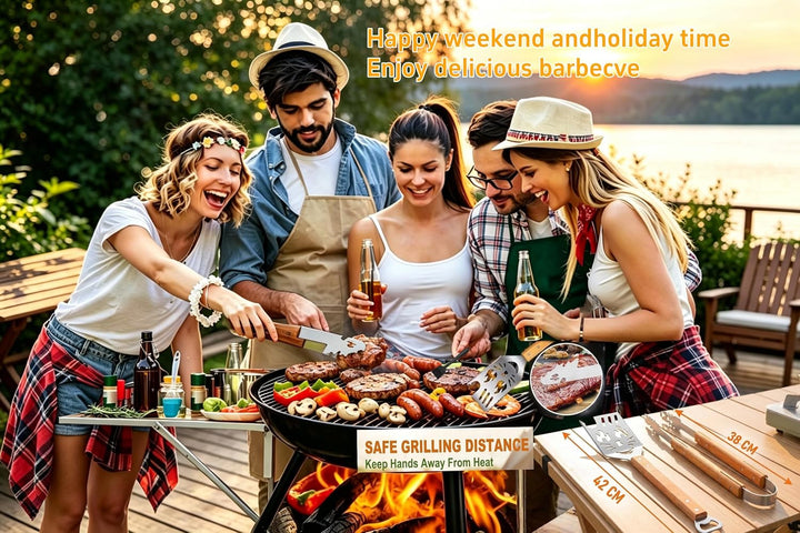 7-in-1 Grillbesteck Set 9-TLG Edelstahl mit Holzgriff Eingebaute Grillspachtel Set Funktion, Kreativ