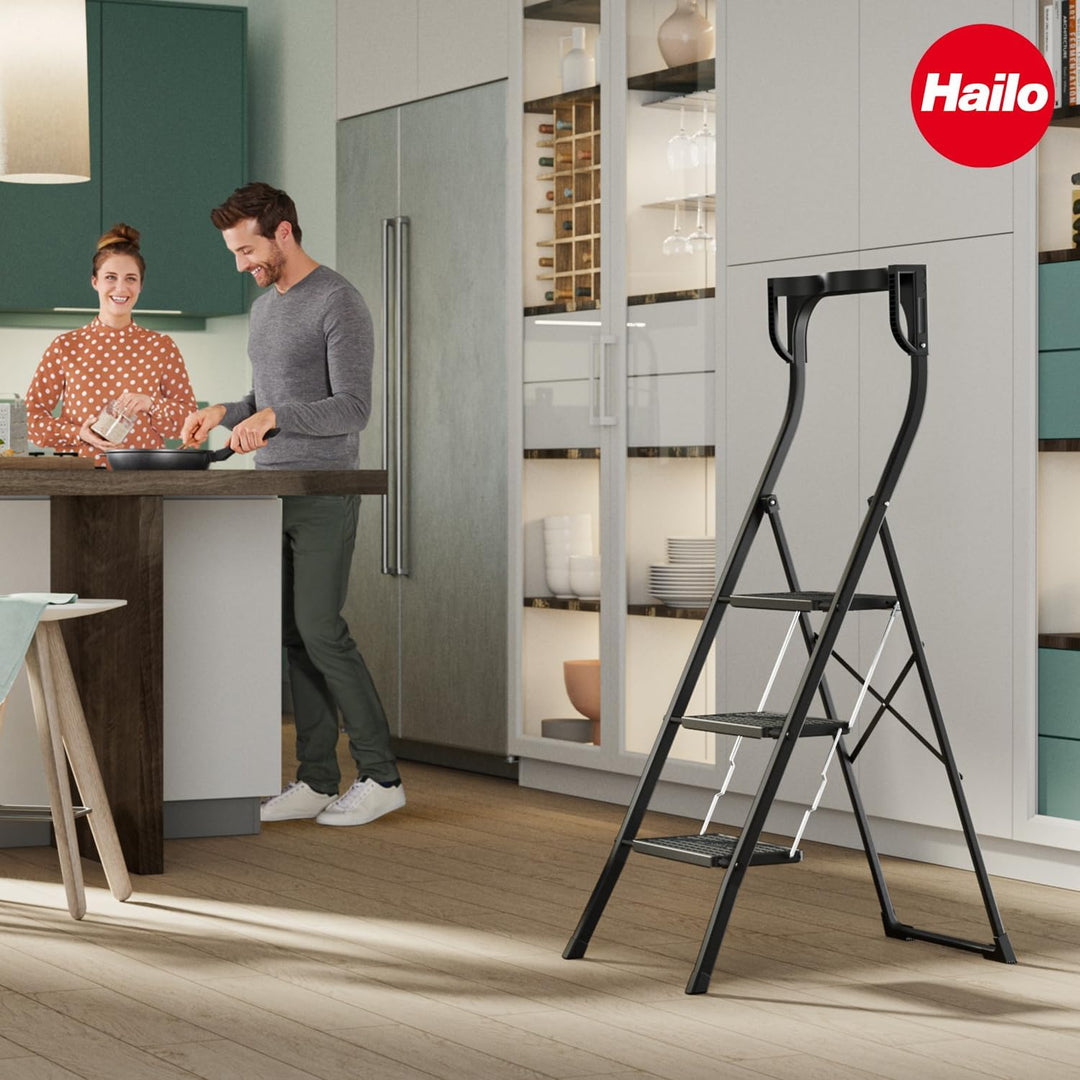 Hailo K77 ComfortLine Klapptritt - 3-stufige Trittleiter aus Stahl mit Sicherheitsbügel und Ablagesc