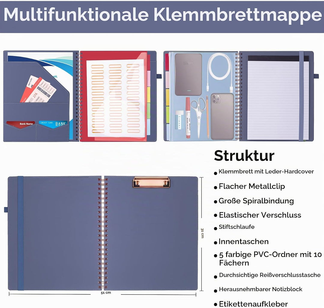 HAUTOCO Klemmbrett Folio mit A4 Zip Beutel, Klemmbrettmappe A4 mit nachfüllbarem Notizblock, Klemmbr