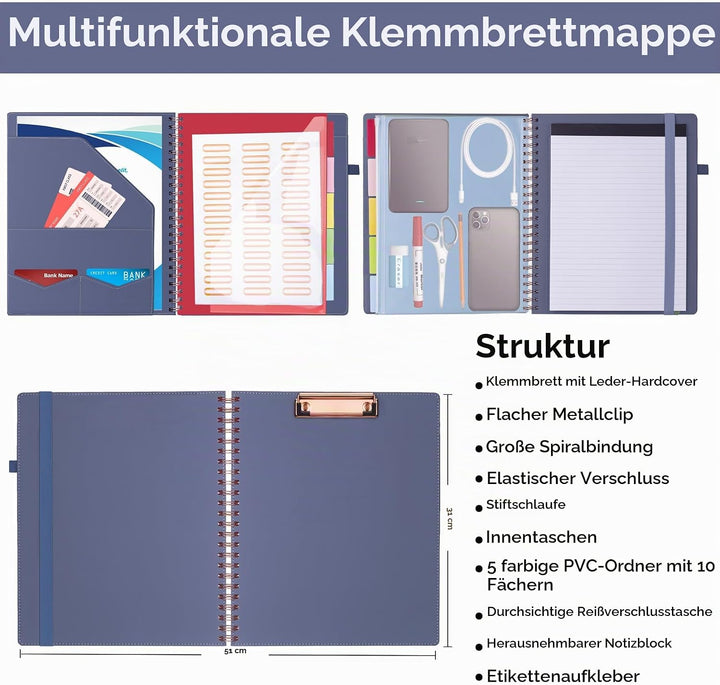 HAUTOCO Klemmbrett Folio mit A4 Zip Beutel, Klemmbrettmappe A4 mit nachfüllbarem Notizblock, Klemmbr