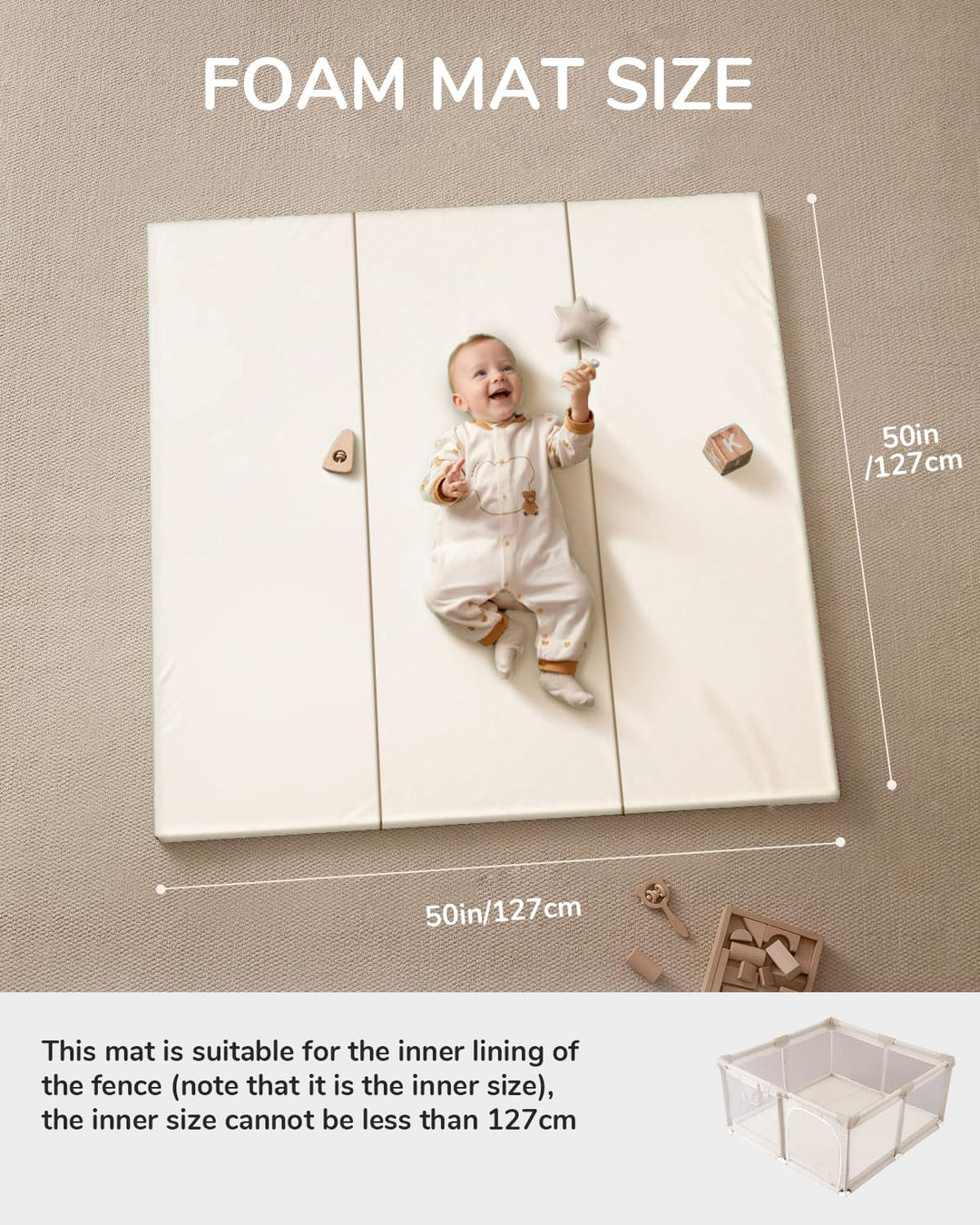 Spielmatte Baby Faltbar, Beidseitige PU-Oberfläche 100% Wasserdichtes, 127 x 127 cm, 3 CM Dick, Hoch