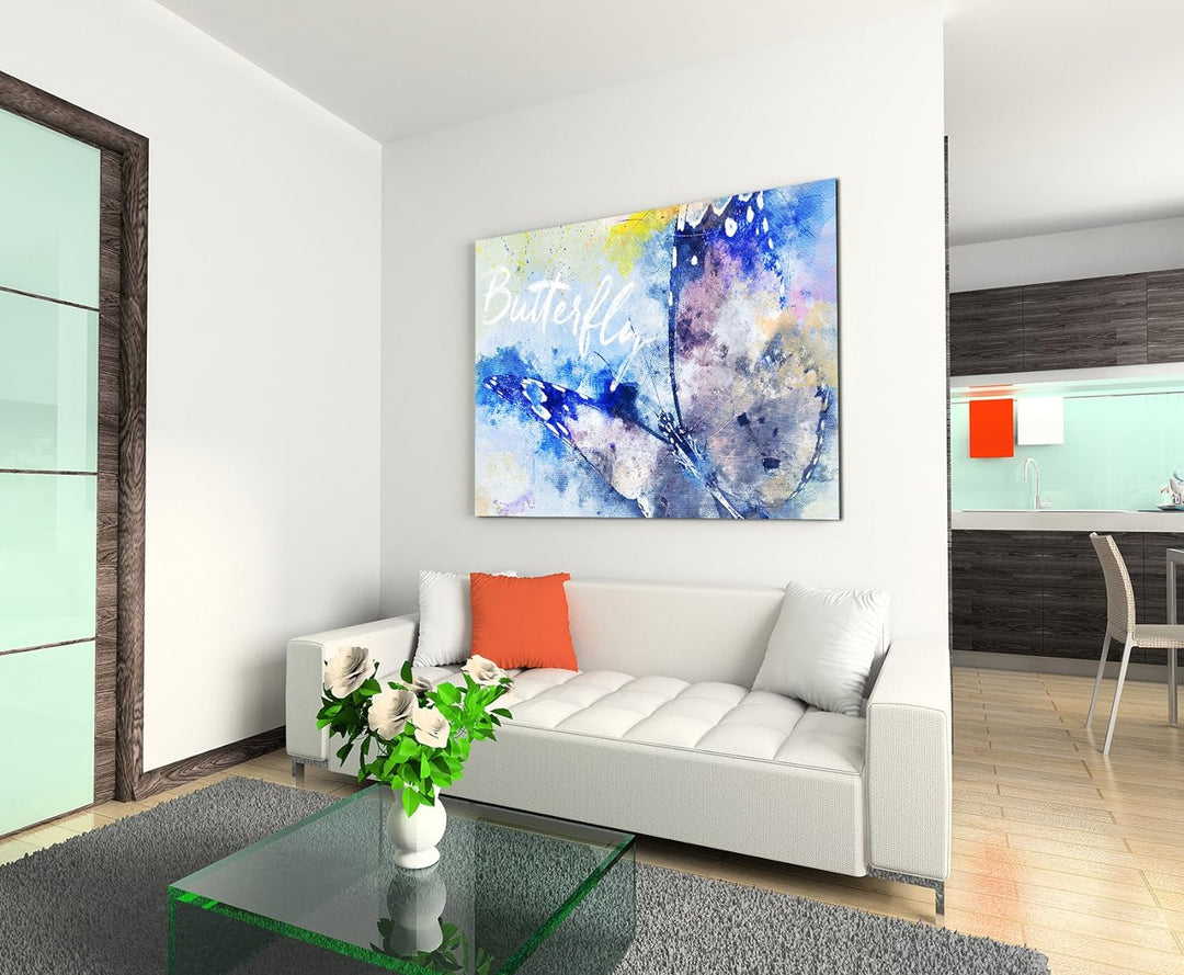 Paul Sinus Art Bild Leinwand 120x80cm Schmetterling im Flug in Blautönen mit Kalligraphie, 120x80cm