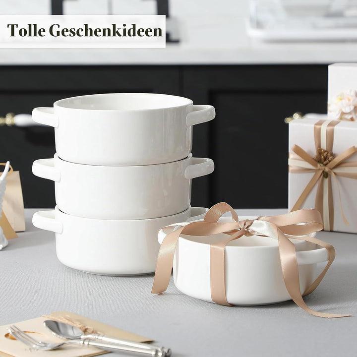 MALACASA Suppenschalen mit Griffen, 800 ML Porzellan Suppenschalen Set von 4, Elfenbein weiss servie