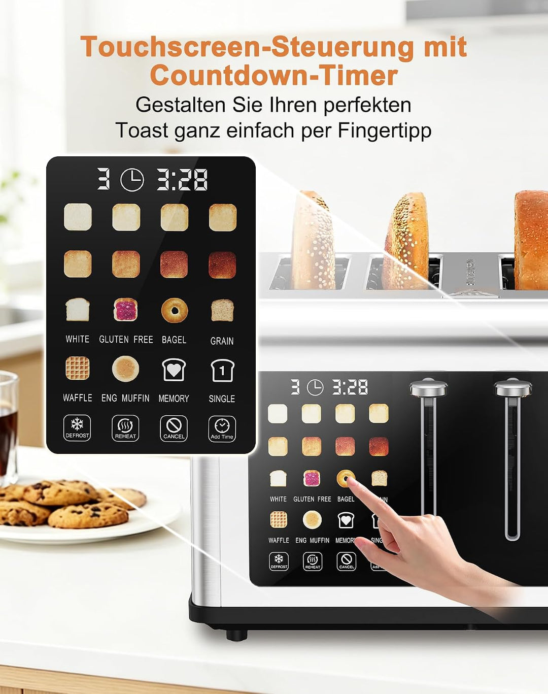 Toaster 4 Scheiben, Toaster Edelstahl mit Touchscreen, 8 Bräunungsstufen, Auftauen & Aufwärmen Funkt