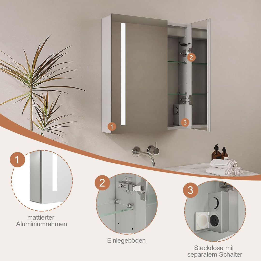 Spiegelschrank Bad mit Beleuchtung 60 cm breit 70 cm höhe Aluminium Badezimmer Spiegel Schrank Steck