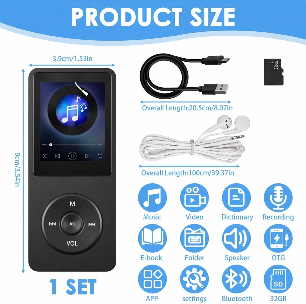 32GB MP3 Player Bluetooth 5.3 mit 1.8" TFT Farbbildschirm HiFi Musik Kinder MP3-Player mit Lautsprec
