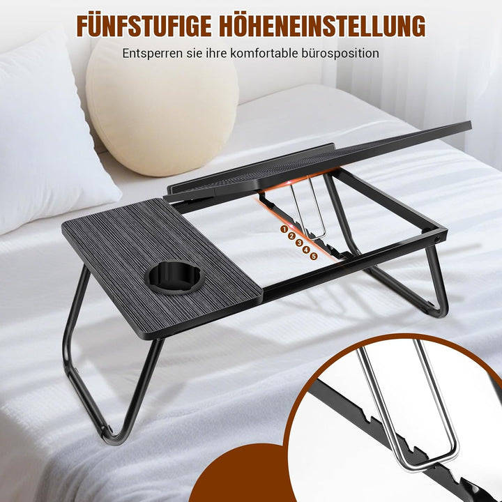 Klappbarer Laptop-Tisch mit Getränkehalter, tragbarer Betttisch für Laptop, Lesen, Essen & Arbeiten,