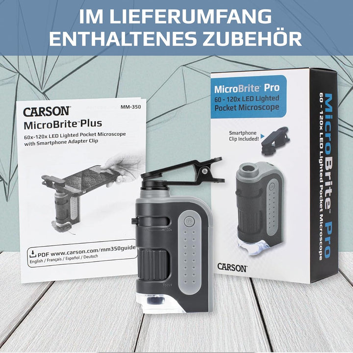Carson MicroBrite Pro 60x-120x LED Taschenmikroskop mit asphärischem Linsensystem und Smartphone-Ada