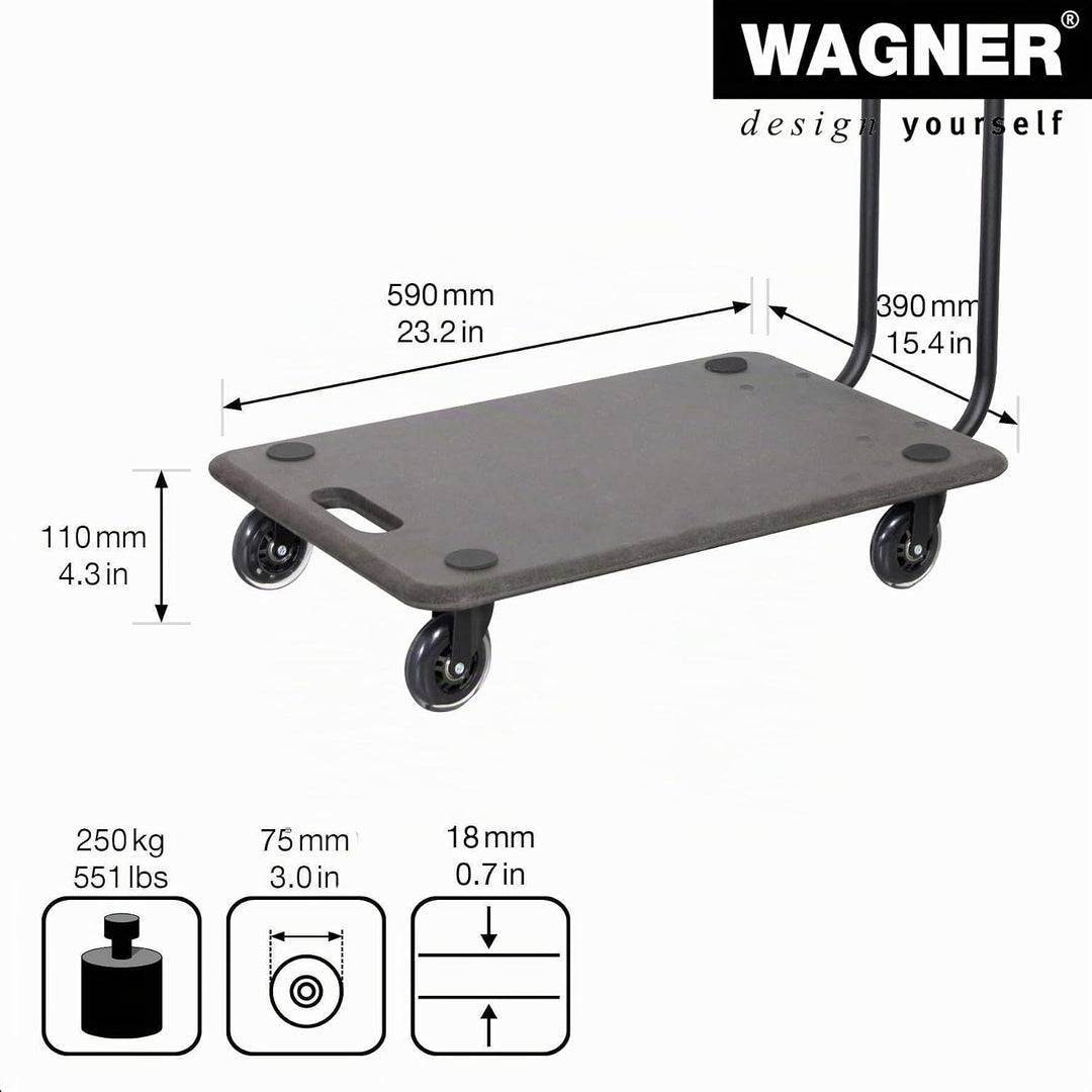 WAGNER Transportroller Transporthilfe I Rollbrett mit Bügel schwarz für Möbel aus MDF I 59 x 39 x 11