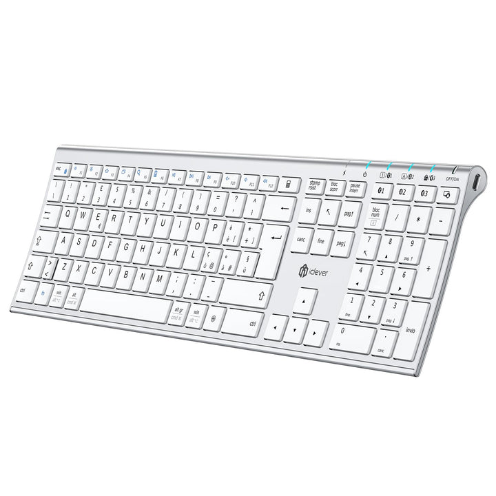 iClever BK23Bluetooth Tastatur, Kabellos Tastatur mit 3 Bluetooth Kanälen, Stabile Verbindung, Ultra