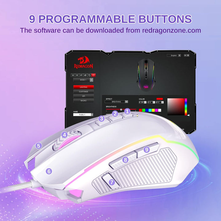 Redragon Gaming Maus, Gaming Mouse mit RGB und Einstellbar 8000 DPI, Maus mit 9 programmierbare Tast
