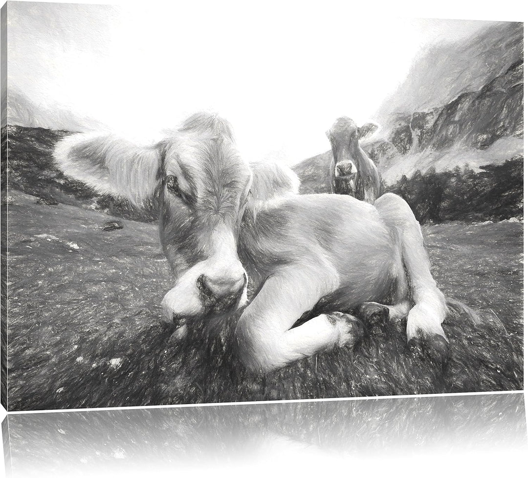 Pixxprint Almkuh in den Bergen Kunst / 100x70cm Leinwandbild bespannt auf Holzrahmen/Wandbild Kunstd