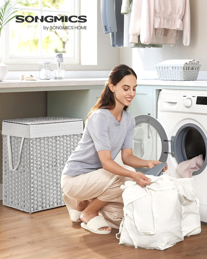 SONGMICS Wäschekorb mit Deckel, Wäschesammler 90 Liter, 2 Fächer, herausnehmbarer Wäschesack mit Gri