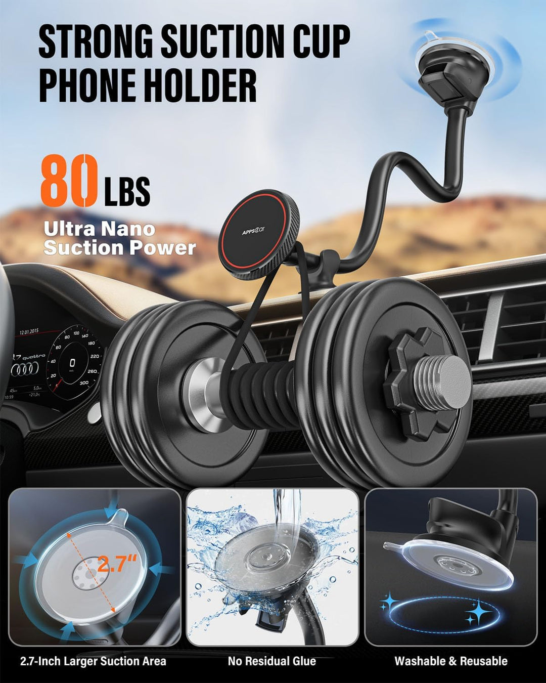 APPS2Car Magnetische Kfz-Handyhalterung für MagSafe – langer Arm 33 cm mit starkem Saugnapf für Wind