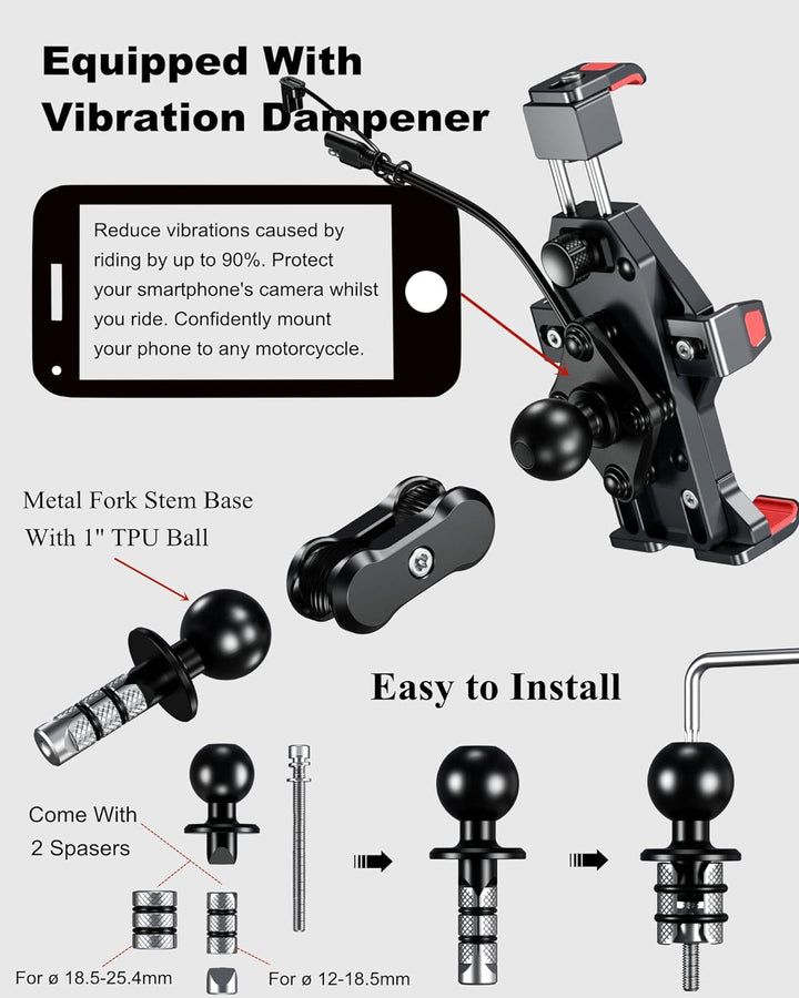 BRCOVAN Aluminiumlegierung Motorrad Gabelschaft Handyhalterung mit Qi 15W Drahtloses Ladegerät und V