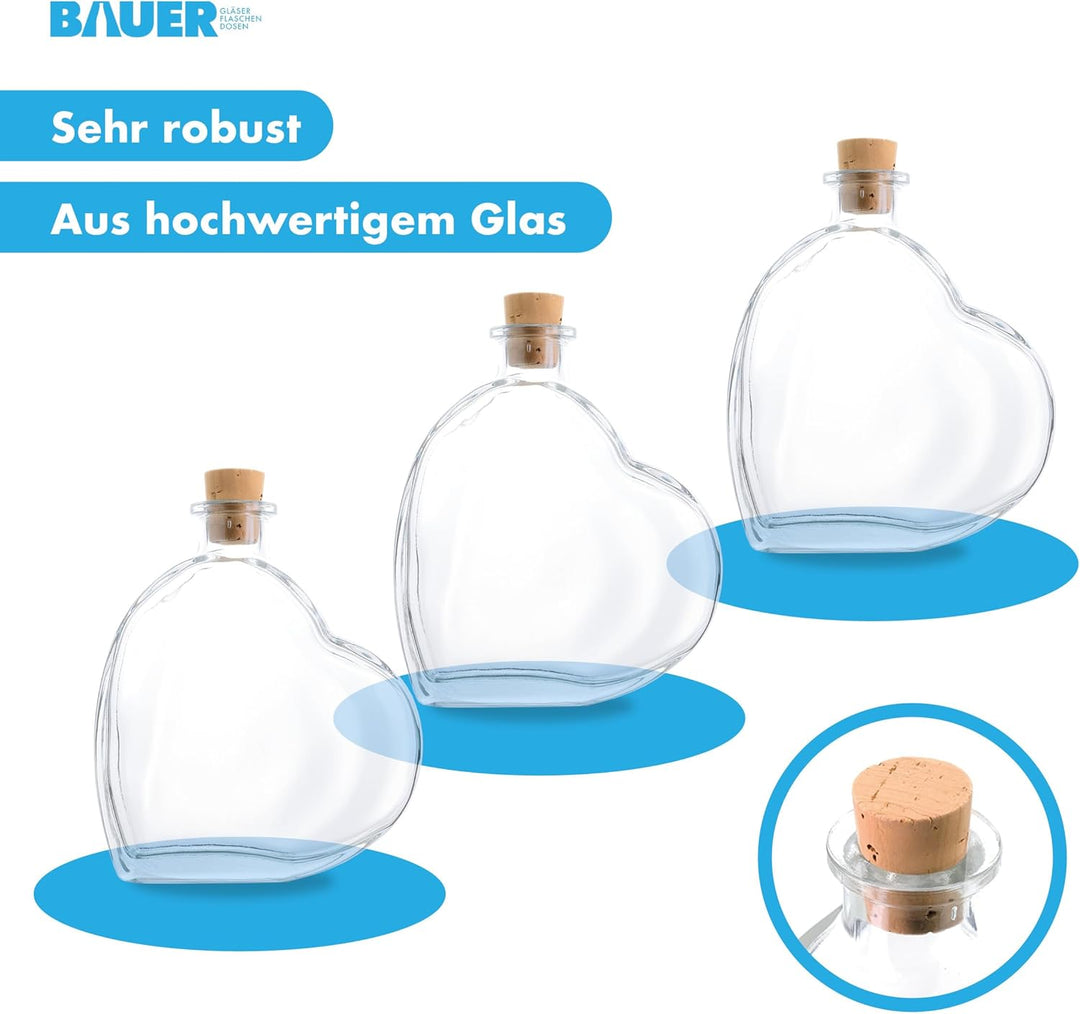 Flaschenbauer - 9 x Herz Flasche Passion: Glasflasche Herz 200 ml - 9 Mini Glasflaschen mit Korken v
