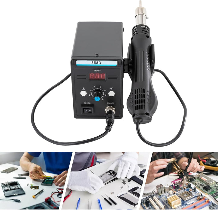 Heissluft-Rework-Station 858D, 700 W, 100–500 °C, LED, 3 Düsen | PID-Regelung, 8 Luftstufen und Wink